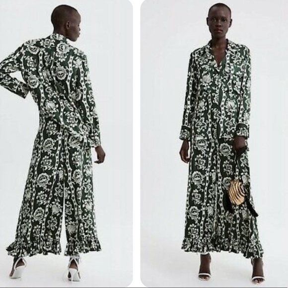 Zara Other - ZARA Green Floral Gem Button Long Sleeve Top And Ruffle Pants Sets